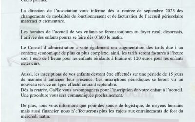 Informations Foyer Rural – Rentrée 2023