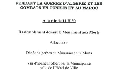 5 décembre : Hommage aux “Morts pour la France” pendant la guerre d’Algérie et les combats du Maroc et de la Tunisie