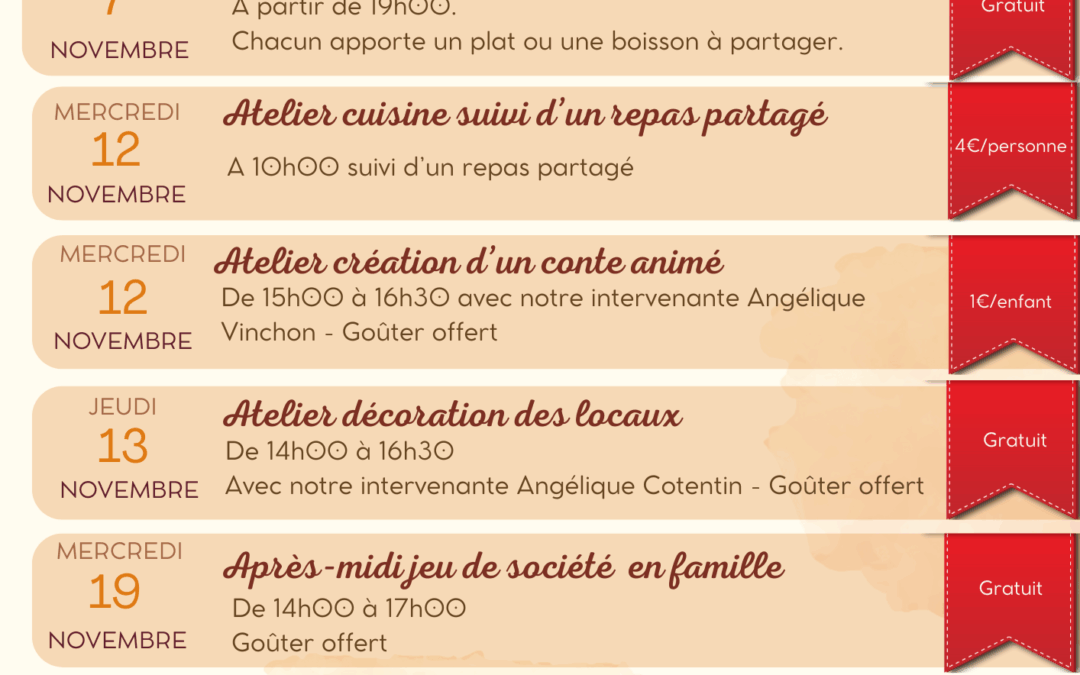 Les ateliers familles du mois de novembre au Foyer Rural