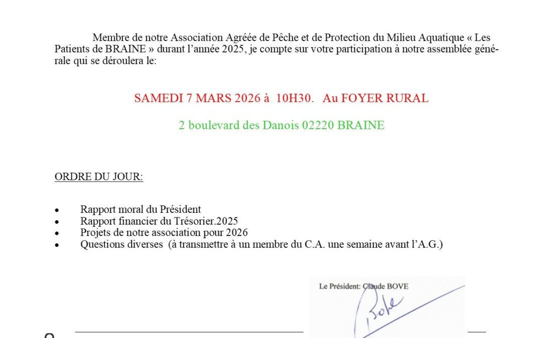 AG AAPPMA-Les Patients de Braine – Samedi 7 mars 2026